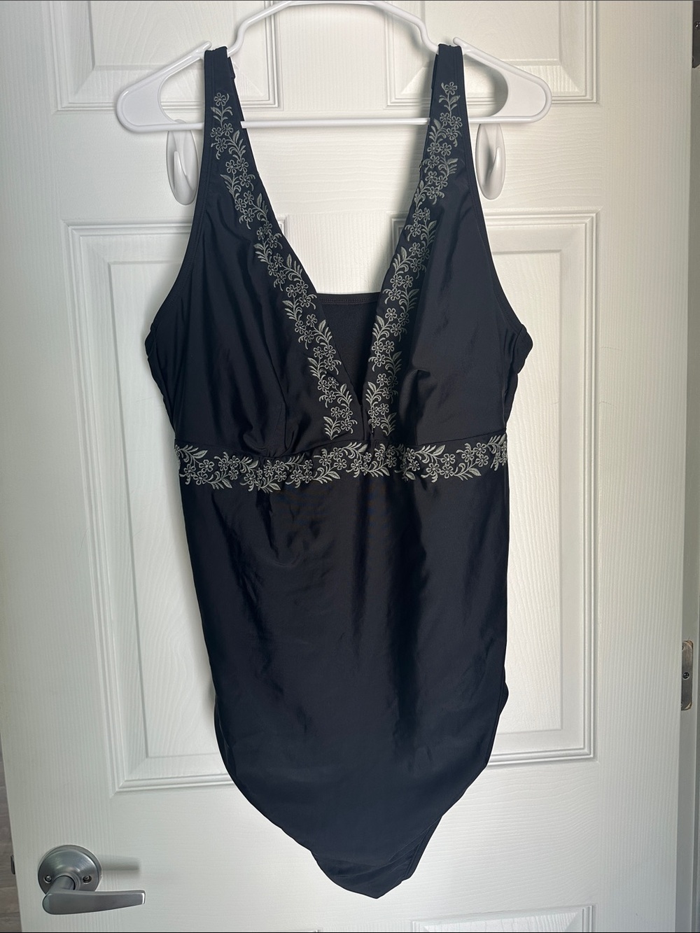 Black Embroidered V-Neck One-Piece Swimsuit